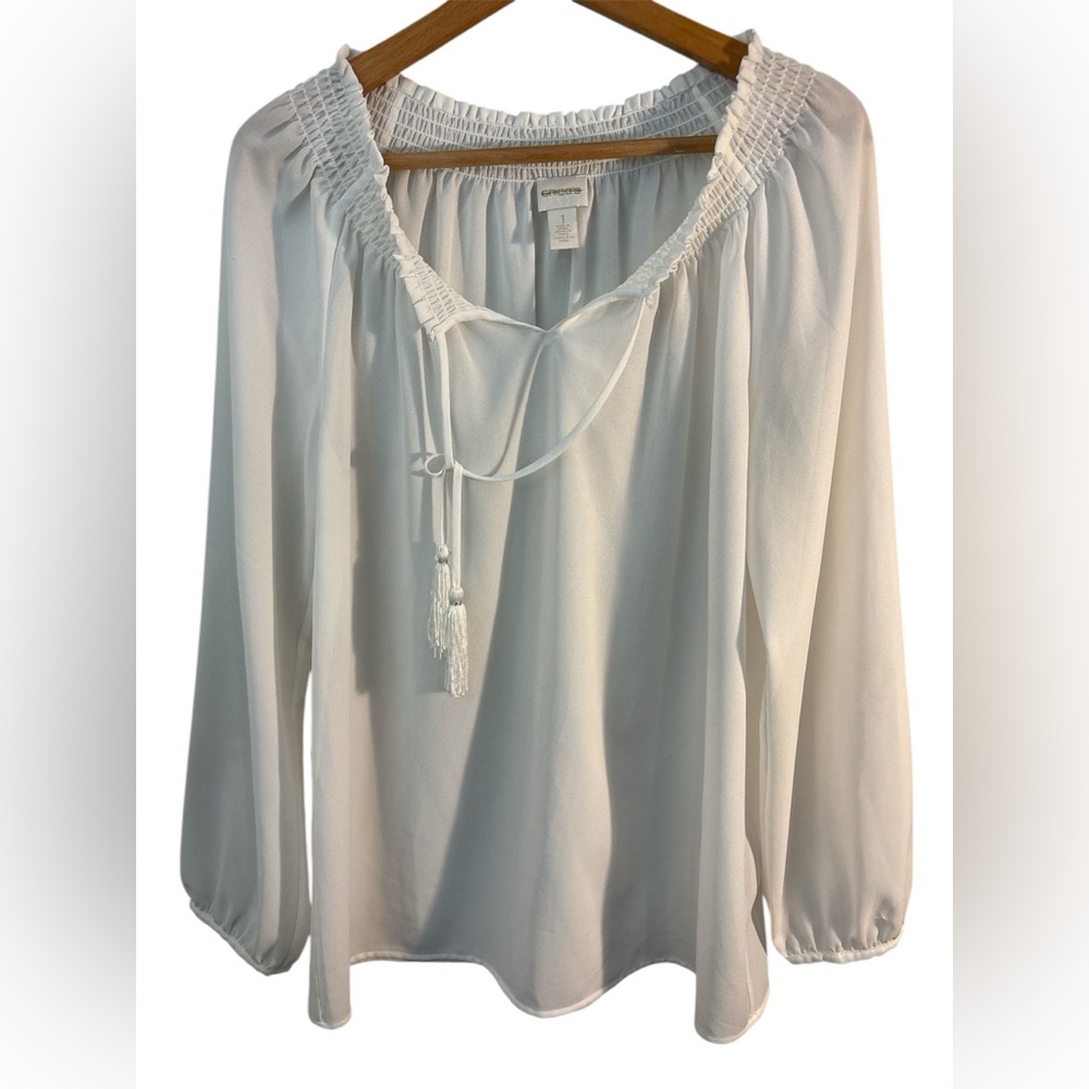 Chico’s Sheer Long Sleeve White Blouse Front Tie size 1 Medium Business Peasant
